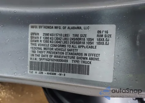 2017 Honda Ridgeline Rtl-T from USA, damaged, VIN 5FPYK2F62HB006469